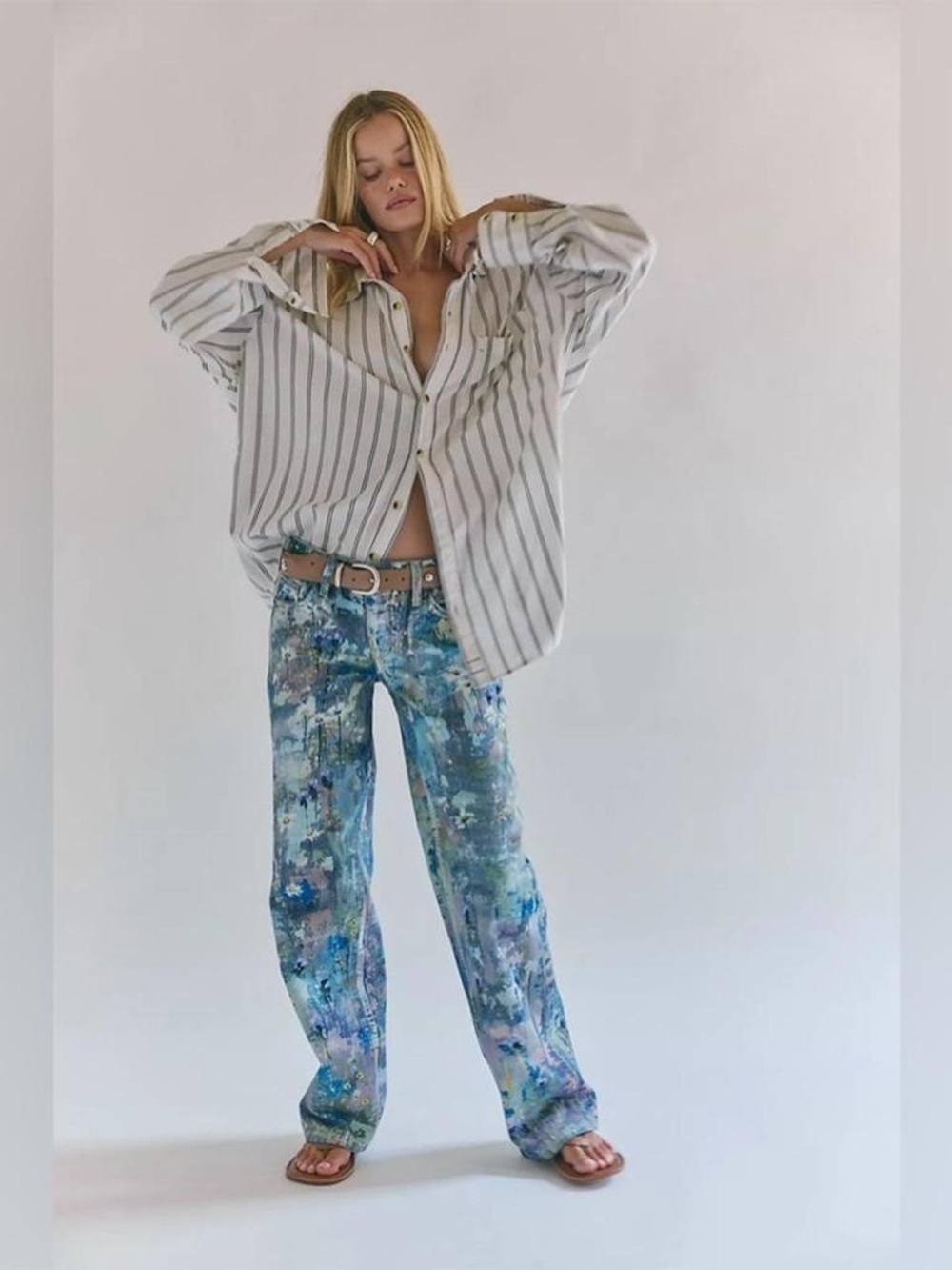 Free People Blue Multi Paint-Splatter Straight Leg Jeans